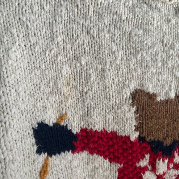 Vintage 1990s Marsh Landing Hand Knit Chunky Intarsia Skiing Bear Sweater Sz Med - Picture 5 of 7